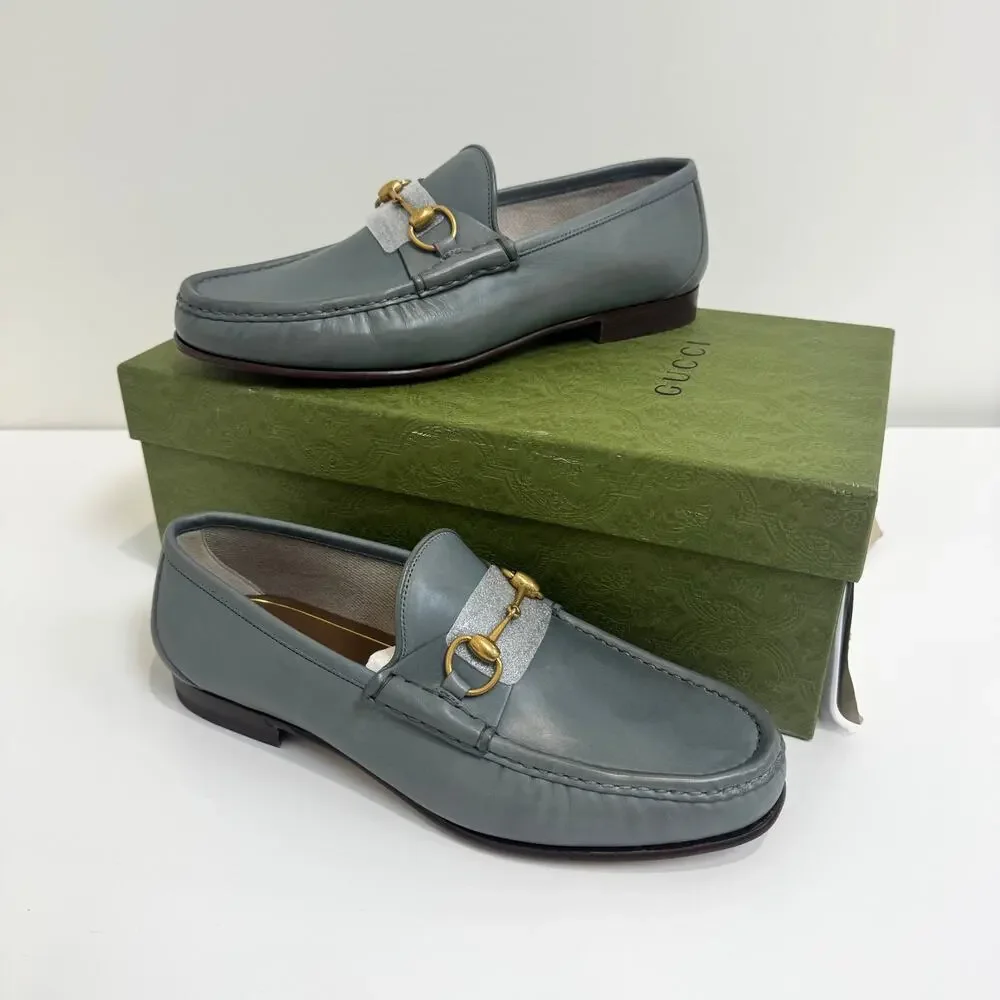 GUCCI Betis Glamour Leather Gold Horsebit Swamp Grey Loafer 10 NEW Shoes 1953